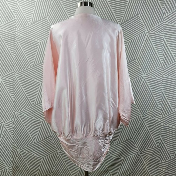 Vintage 80s Satin Jacket size 14 Silky Dolman Sleeve Womens Pink open front long - Picture 4 of 6